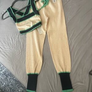 URBAN OUTFITTERS Beige Sparkle Knit Lounge Set with Black & Green Trim
